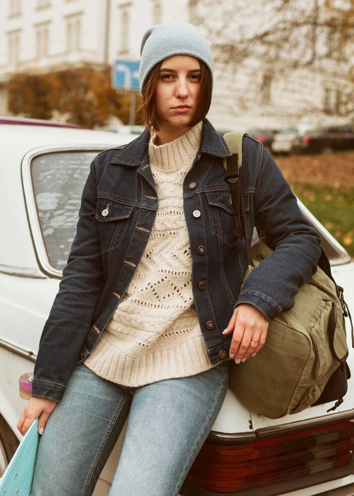 Denim Jacket with a Warm Scarf