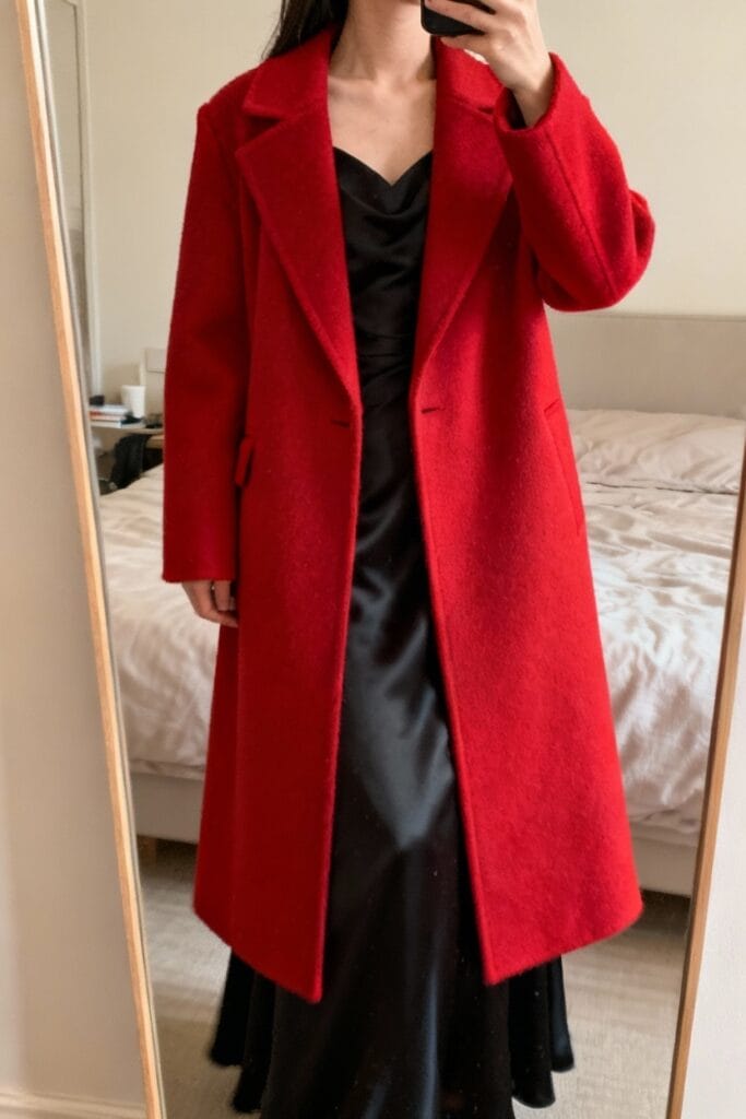 Person taking a mirror selfie wearing a long red coat over a black dress, standing in a bedroom with an unmade bed in the background.