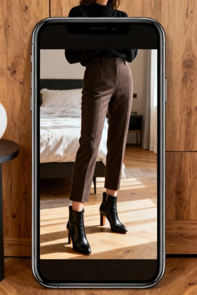 A smartphone displays a photo of a person wearing brown pants and black heeled boots, standing in a modern bedroom with wooden floors and walls.