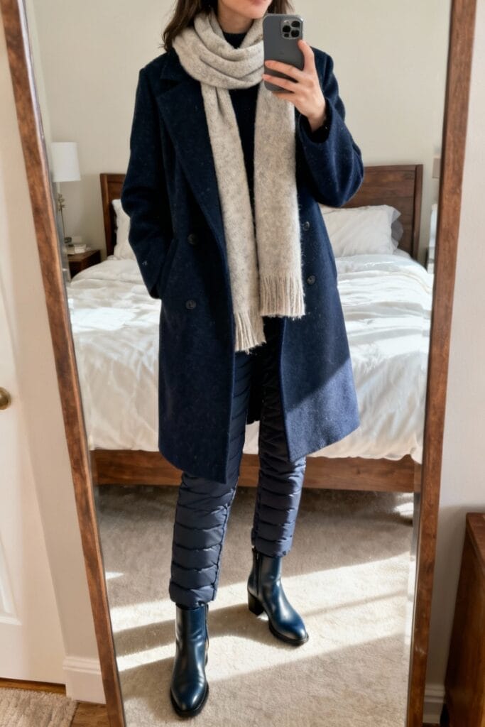 Person taking a mirror selfie, wearing a navy coat, light gray scarf, quilted pants, and black boots, standing in a bedroom with a made bed and sunlight filtering in.