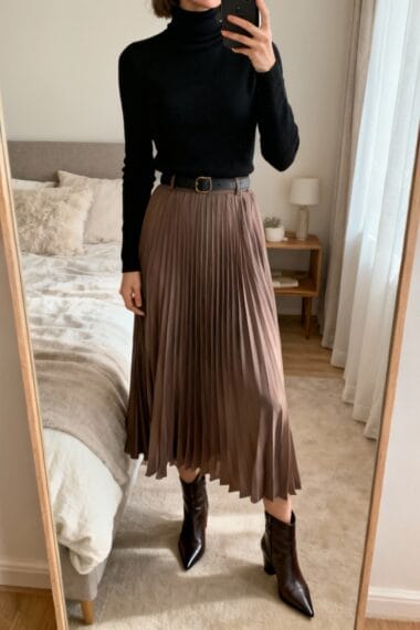 Person taking a mirror selfie wearing a black turtleneck, brown pleated midi skirt with a black belt, and pointed brown ankle boots in a bedroom.