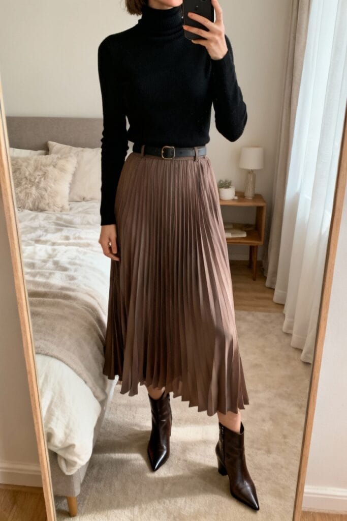Person wearing a black turtleneck, brown pleated midi skirt with a belt, and brown ankle boots, standing in a bedroom and taking a mirror selfie.