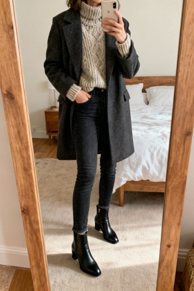 Person taking a mirror selfie in a bedroom, wearing a gray coat, chunky knit sweater, black jeans, and black ankle boots.