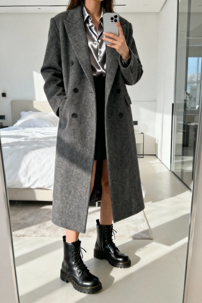 Person taking a mirror selfie in a bedroom, wearing a long grey coat, black skirt, silver blouse, and black lace-up boots.