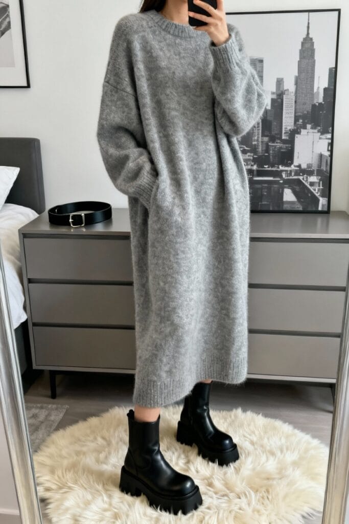 Person wearing a long, loose grey sweater dress and black chunky boots stands on a white rug in a modern bedroom with cityscape art on the wall.