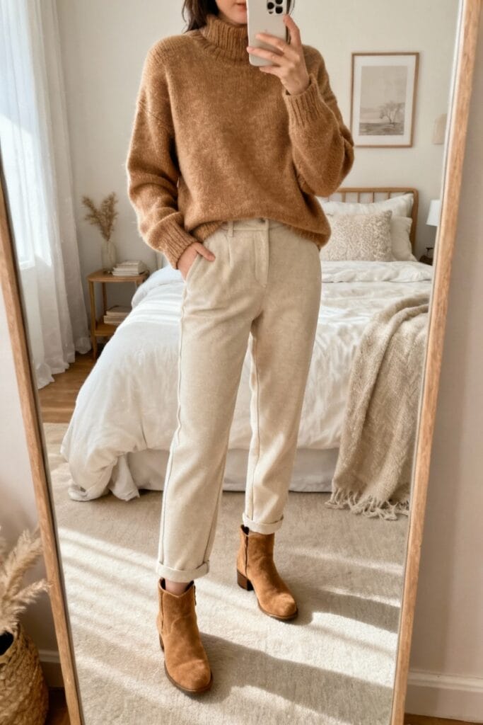 Person stands in front of a mirror wearing a brown sweater, beige pants, and brown ankle boots in a neutral-toned bedroom.