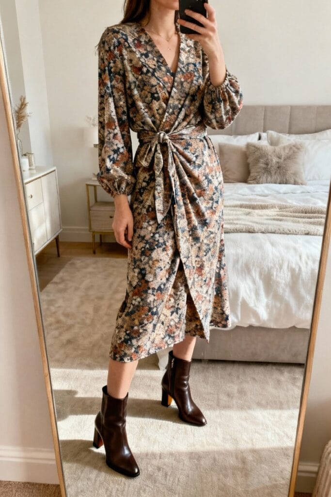 Person taking a mirror selfie in a bedroom, wearing a long-sleeved, floral wrap dress with a waist tie and ankle boots.