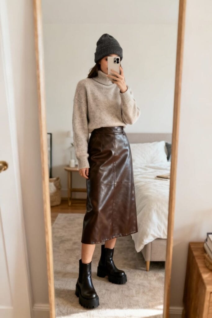 Person taking a mirror selfie wearing a gray turtleneck sweater, brown leather skirt, black platform boots, and a gray beanie in a bedroom.