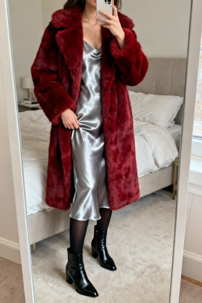 A person stands in front of a mirror wearing a long red faux fur coat over a silver satin dress, black tights, and black ankle boots, taking a mirror selfie in a bedroom.