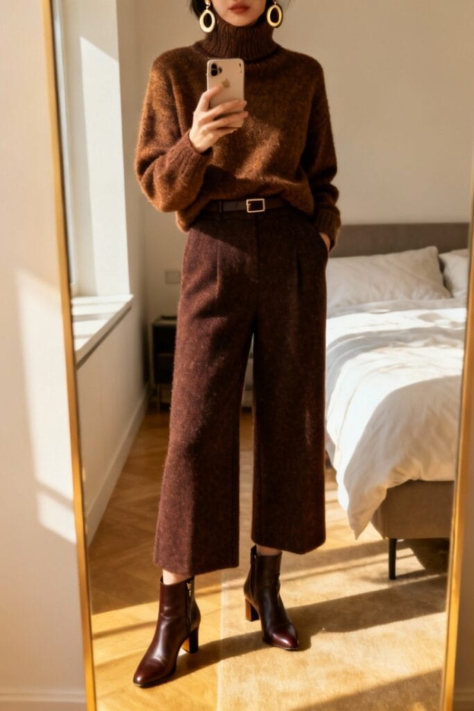 Person stands in front of a mirror wearing a brown turtleneck sweater, wide-leg trousers, and ankle boots, taking a mirror selfie in a bedroom with natural light.