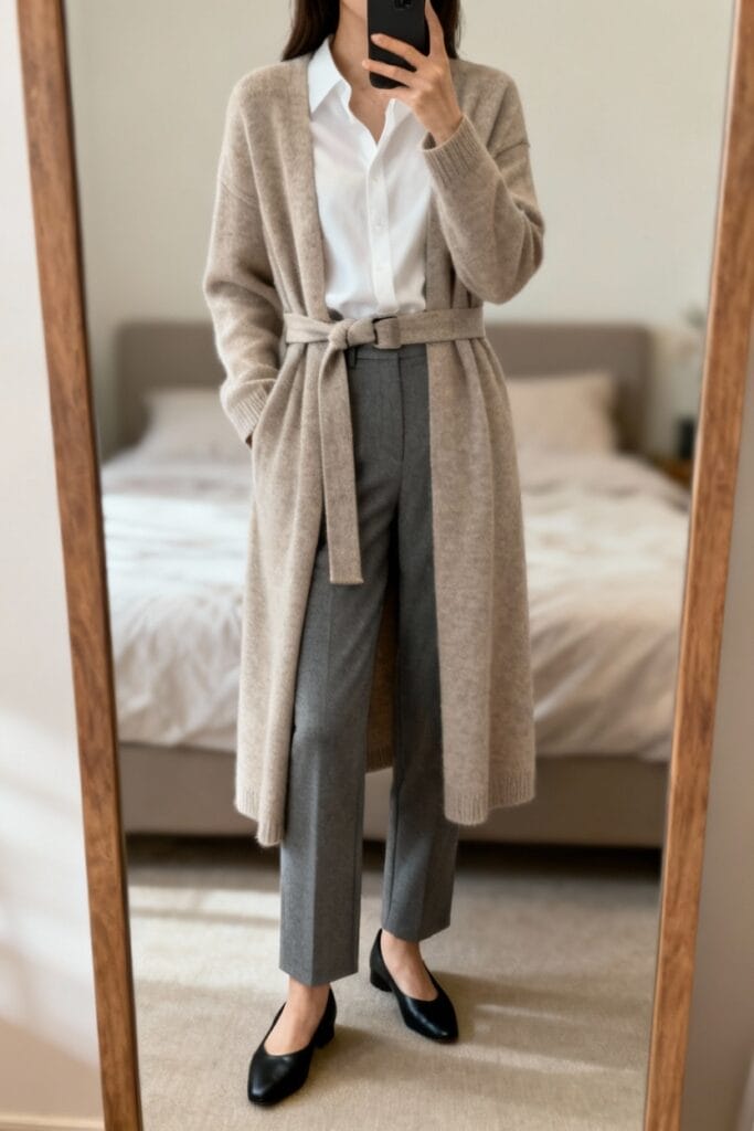 Person taking a mirror selfie, wearing a beige belted cardigan over a white shirt with grey trousers and black flats, standing in a bedroom.