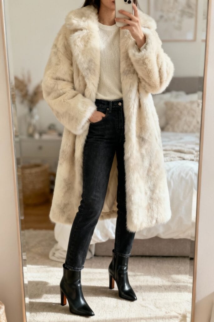 A person taking a mirror selfie while wearing a cream-colored faux fur coat, black jeans, a white sweater, and black heeled boots in a bedroom.