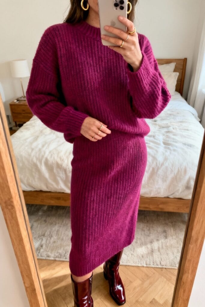 Person taking a mirror selfie wearing a matching ribbed magenta sweater and skirt set with gold jewelry and shiny burgundy ankle boots in a bedroom.