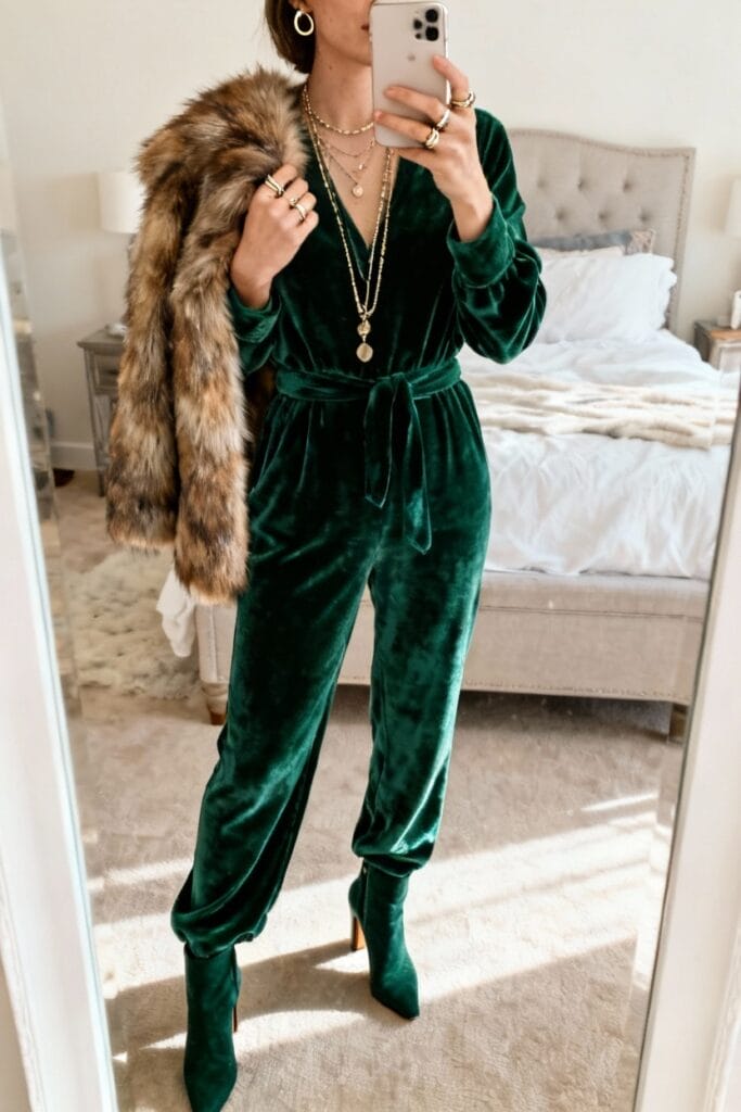 Person wearing a green velvet jumpsuit and matching boots, holding a faux fur coat, taking a mirror selfie in a bedroom with a made bed in the background.