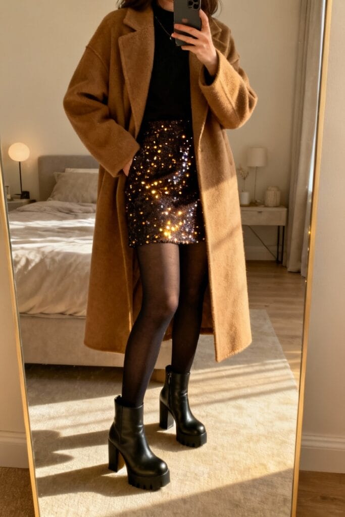Person taking a mirror selfie wearing a long camel coat, black top, sequined skirt, black tights, and black heeled boots in a bedroom.