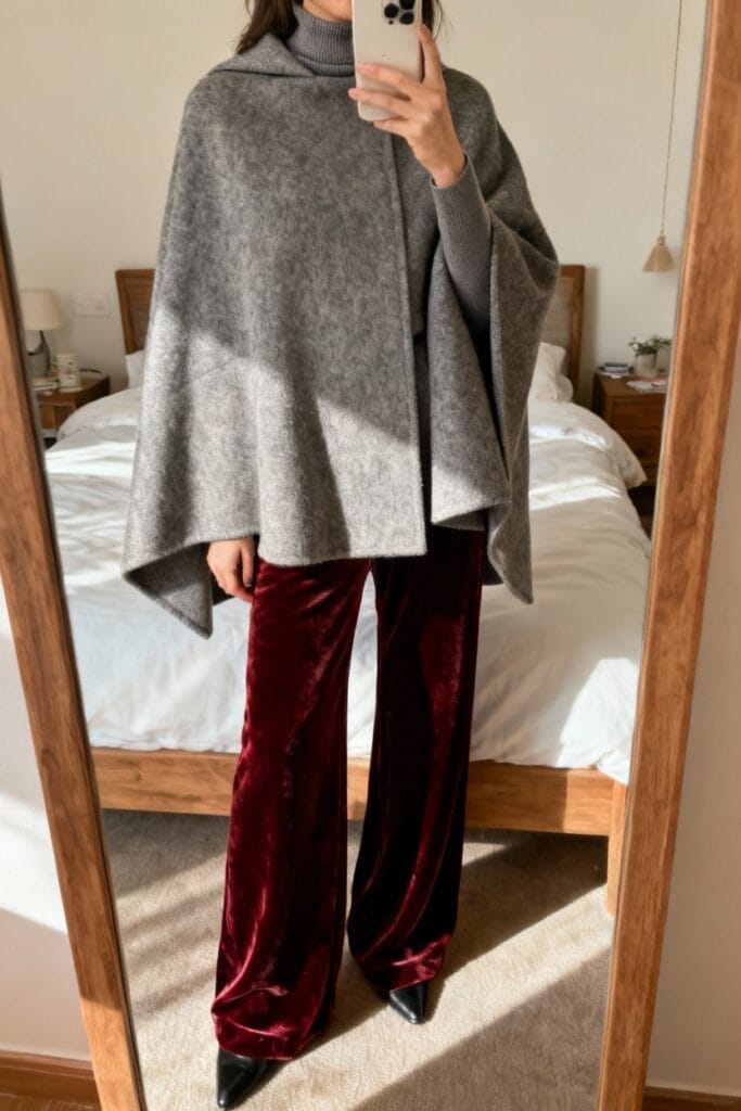 Person taking a mirror selfie wearing a grey poncho, grey turtleneck sweater, burgundy velvet wide-leg pants, and black pointed-toe shoes in a bedroom.