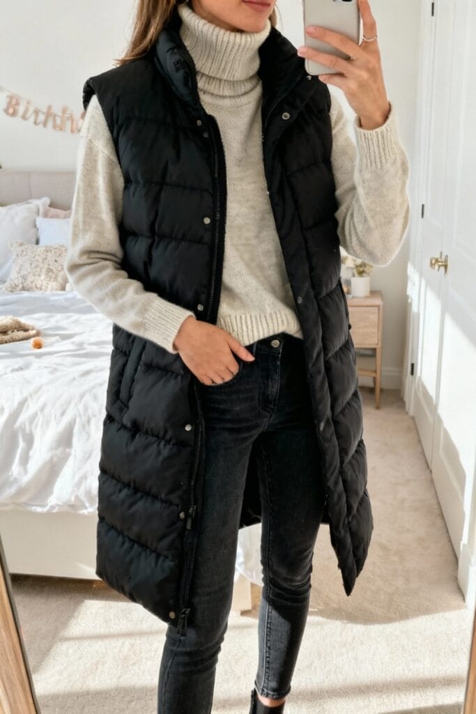 Person wearing a long black puffer vest over a light turtleneck sweater and black jeans stands in a bedroom, taking a mirror selfie.