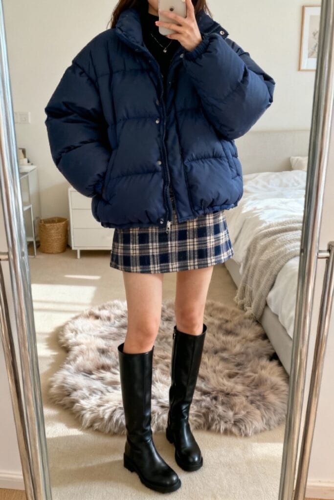 Person taking a mirror selfie wearing a navy puffer jacket, plaid skirt, and black knee-high boots in a bedroom.