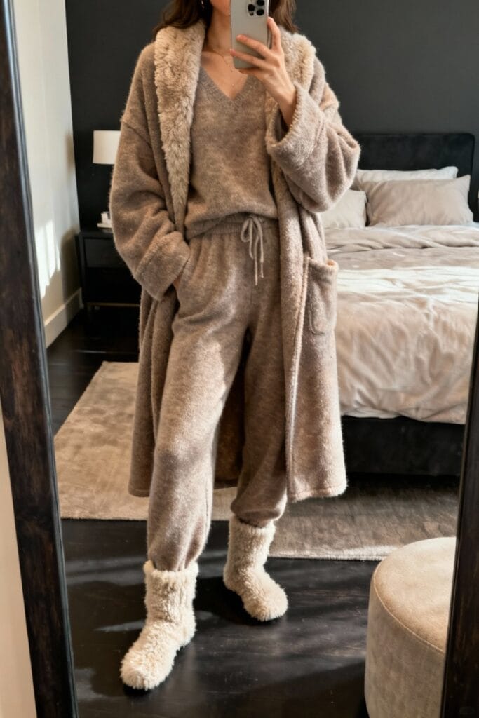 Person taking a mirror selfie in a bedroom, wearing a cozy beige loungewear set with a matching robe and slippers.