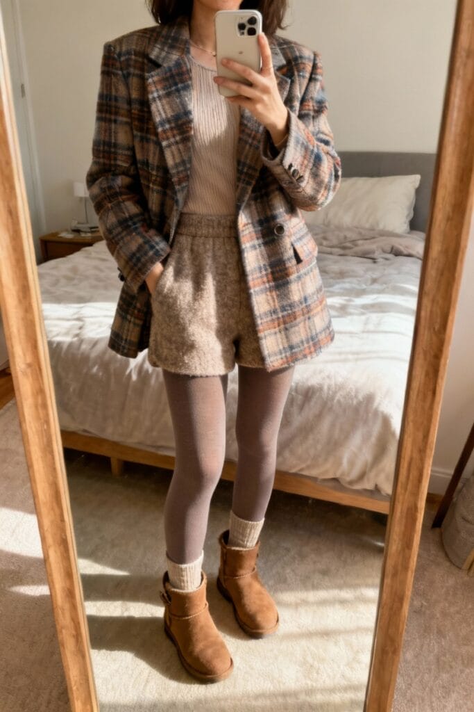 Person taking a mirror selfie wearing a plaid blazer, textured shorts, taupe tights, socks, and brown ankle boots, standing in a bedroom with a neatly made bed in the background.