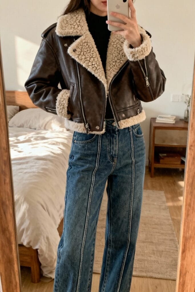 Person taking a mirror selfie wearing a brown faux shearling-lined leather jacket, black top, and high-waisted blue jeans in a bedroom.