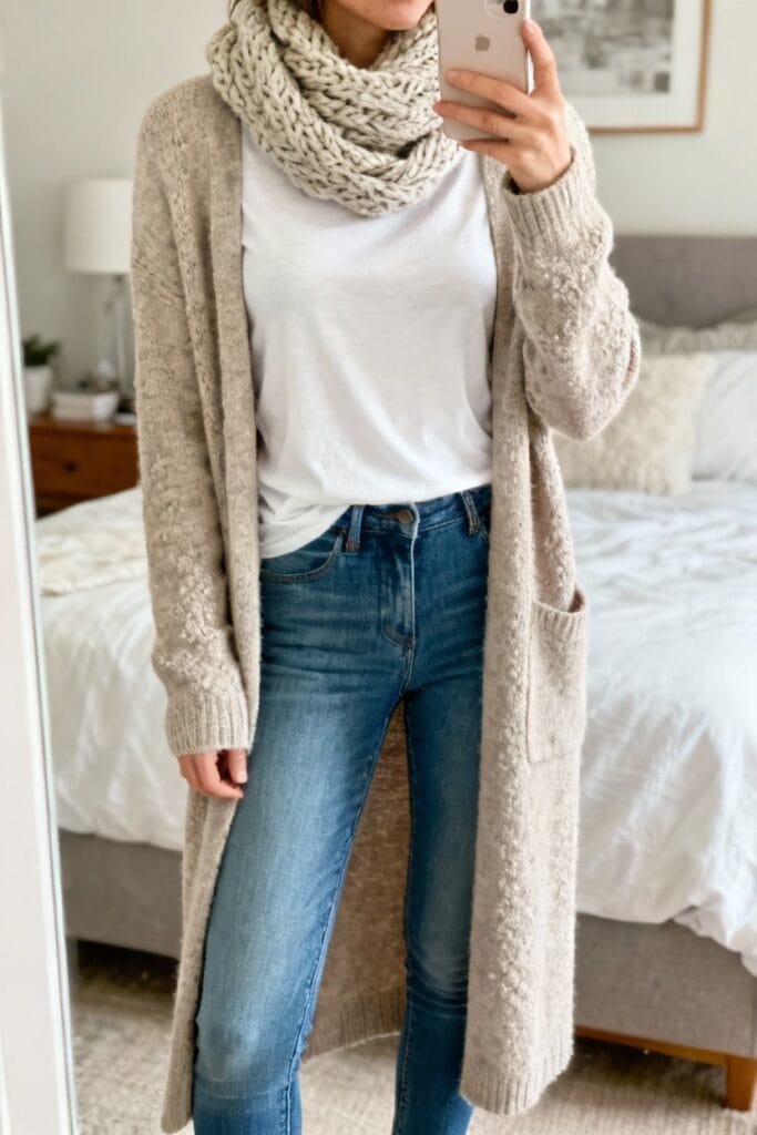 Person taking a mirror selfie wearing a white t-shirt, beige cardigan, chunky knit scarf, and blue jeans in a bedroom.