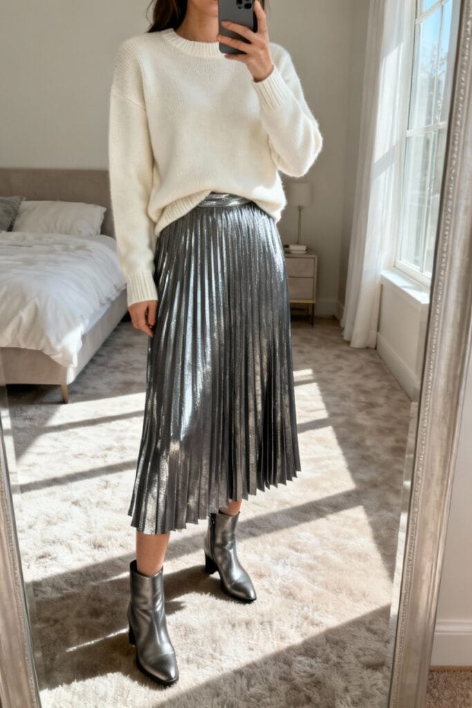 A person stands in a bedroom wearing a white sweater, metallic pleated skirt, and metallic ankle boots, taking a mirror selfie.
