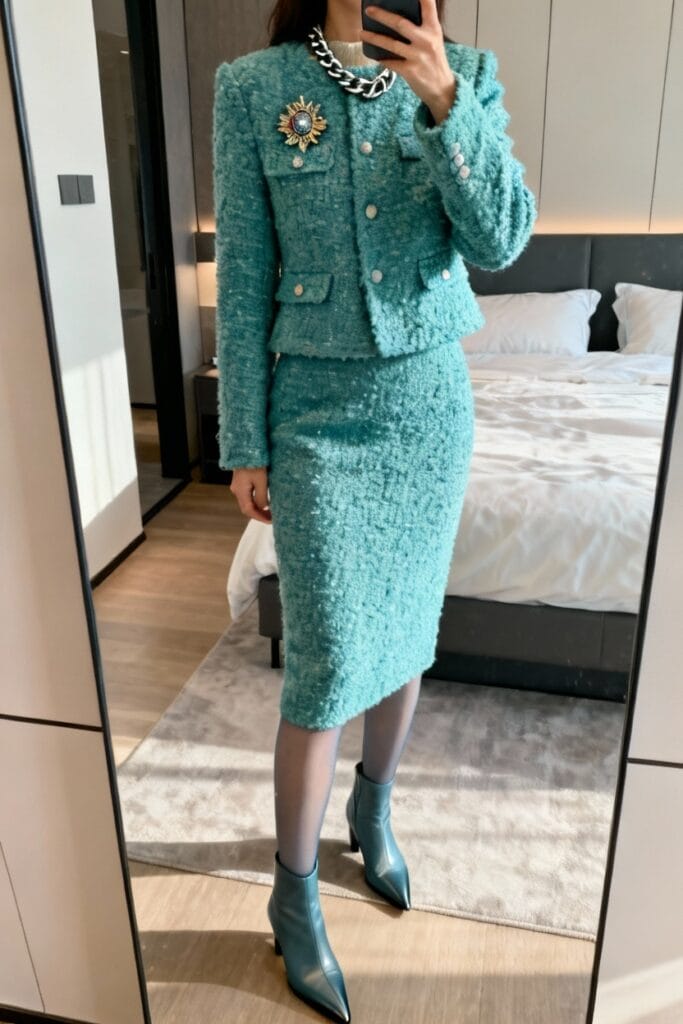 A person wearing a teal textured skirt suit with a brooch, gray tights, chain necklace, and matching teal ankle boots stands in a modern bedroom.