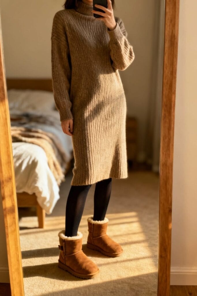Person taking a mirror selfie, wearing a ribbed brown sweater dress, black tights, and brown shearling boots, standing in a bedroom with sunlight streaming in.