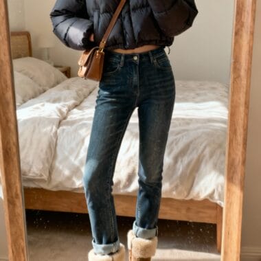Person taking a mirror selfie in a bedroom, wearing a black puffer jacket, blue jeans, brown shearling boots, and a brown crossbody bag.