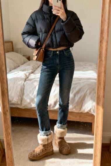 Person taking a mirror selfie in a bedroom, wearing a black puffer jacket, blue jeans, brown shearling boots, and a brown crossbody bag.