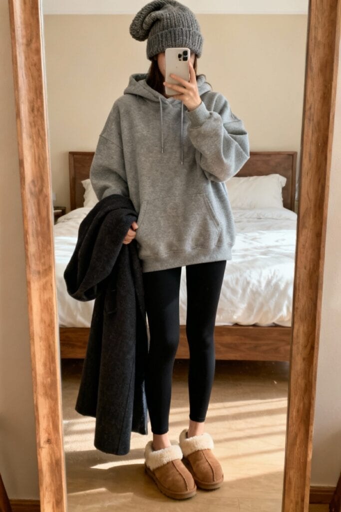 A person stands in front of a mirror wearing a grey hoodie, black leggings, brown slippers, a grey beanie, and holding a dark coat, with a bed visible in the background.