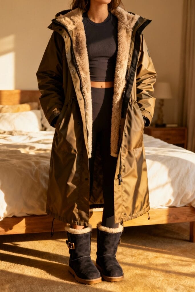 A person standing indoors wearing a long brown winter coat with a fur lining, black leggings, and black boots, in front of a bed.