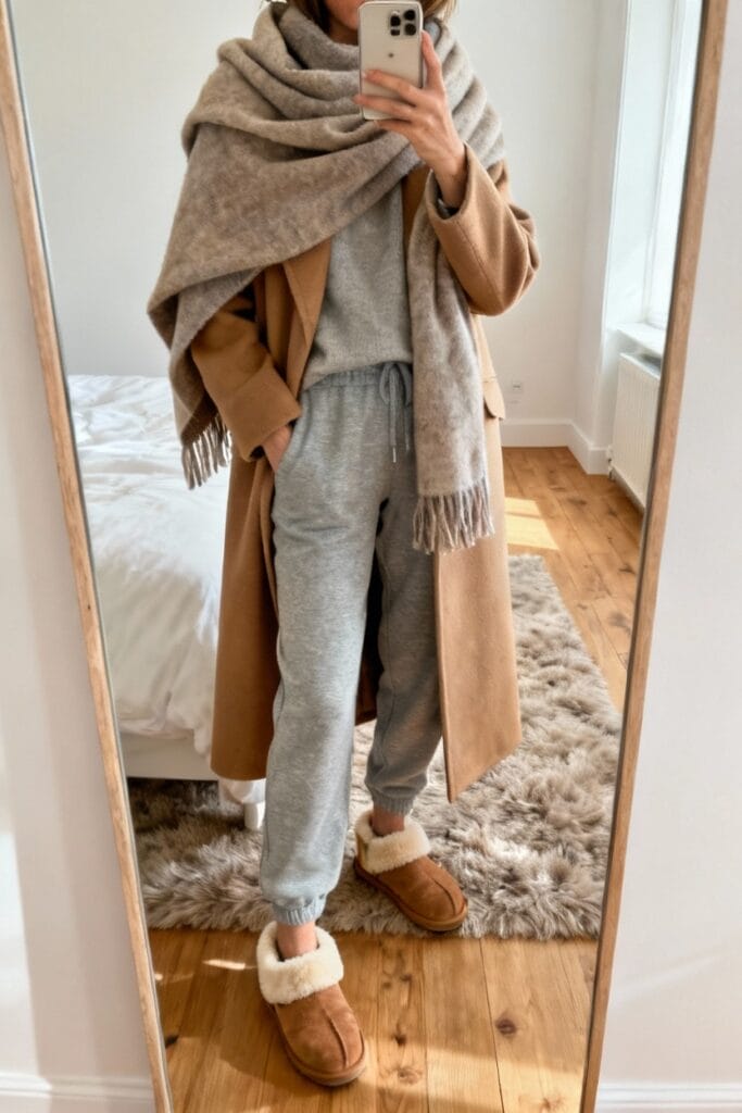 Person taking mirror selfie wearing a tan coat, grey loungewear, a large scarf, and brown slippers, standing in a cozy bedroom with wooden floor and a fluffy rug.
