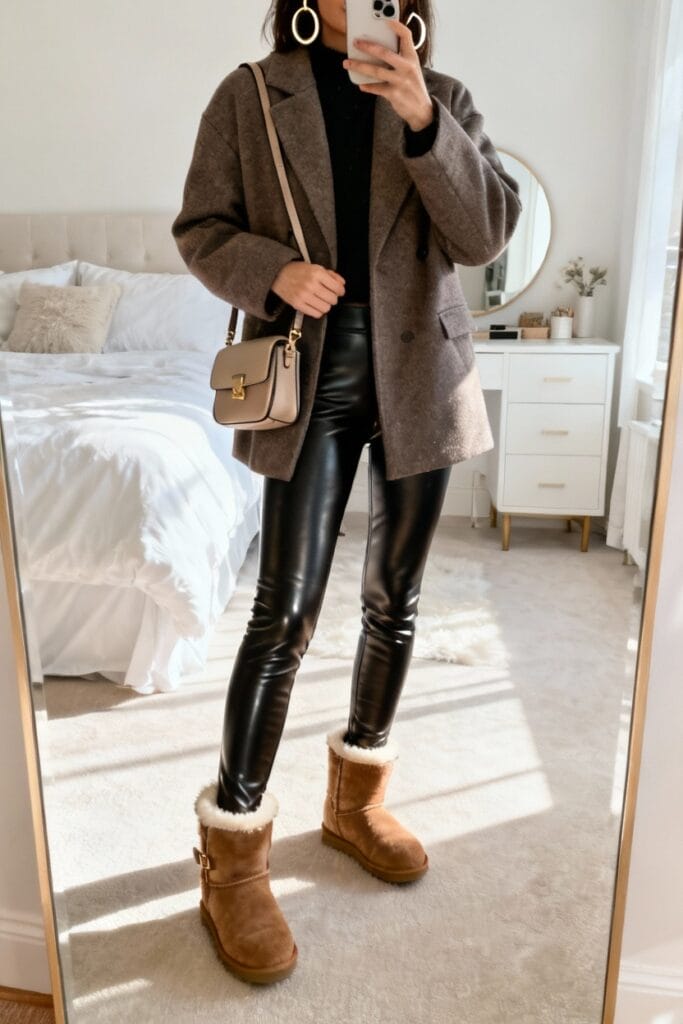 Person taking a mirror selfie in a bedroom, wearing a brown coat, black leather pants, tan shearling boots, and a beige crossbody bag.