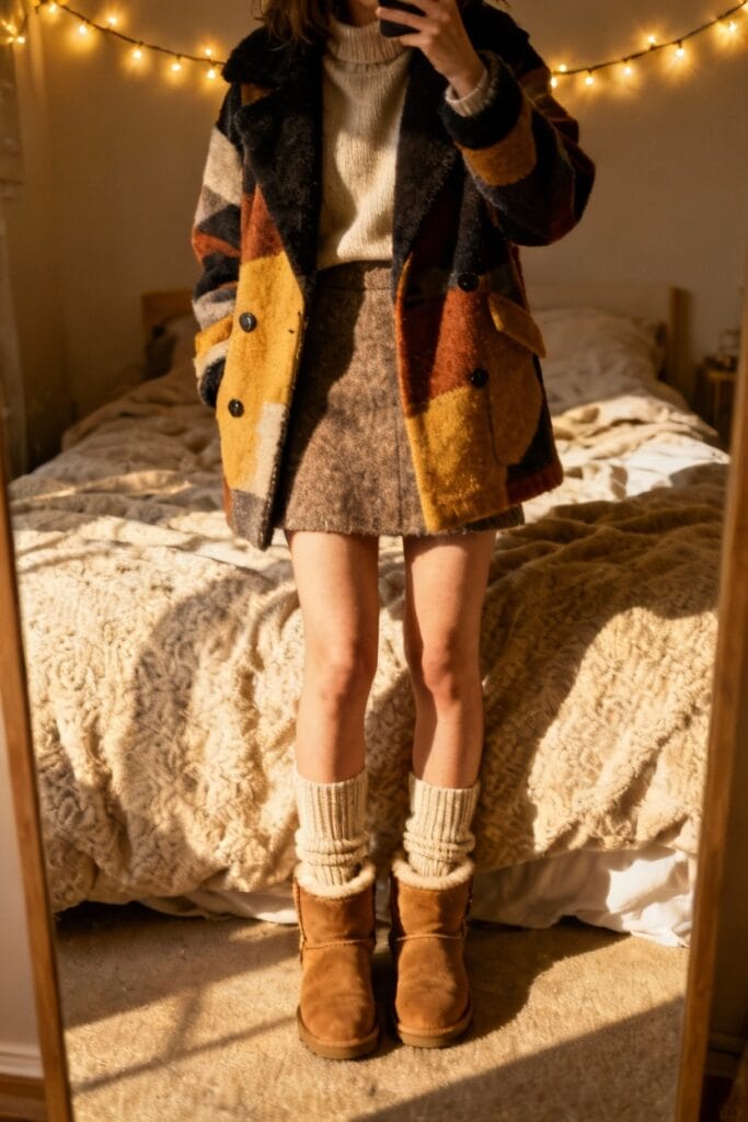 Person taking a mirror selfie wearing a patterned coat, light sweater, short skirt, cozy socks, and brown boots, standing in a warmly lit bedroom with fairy lights.
