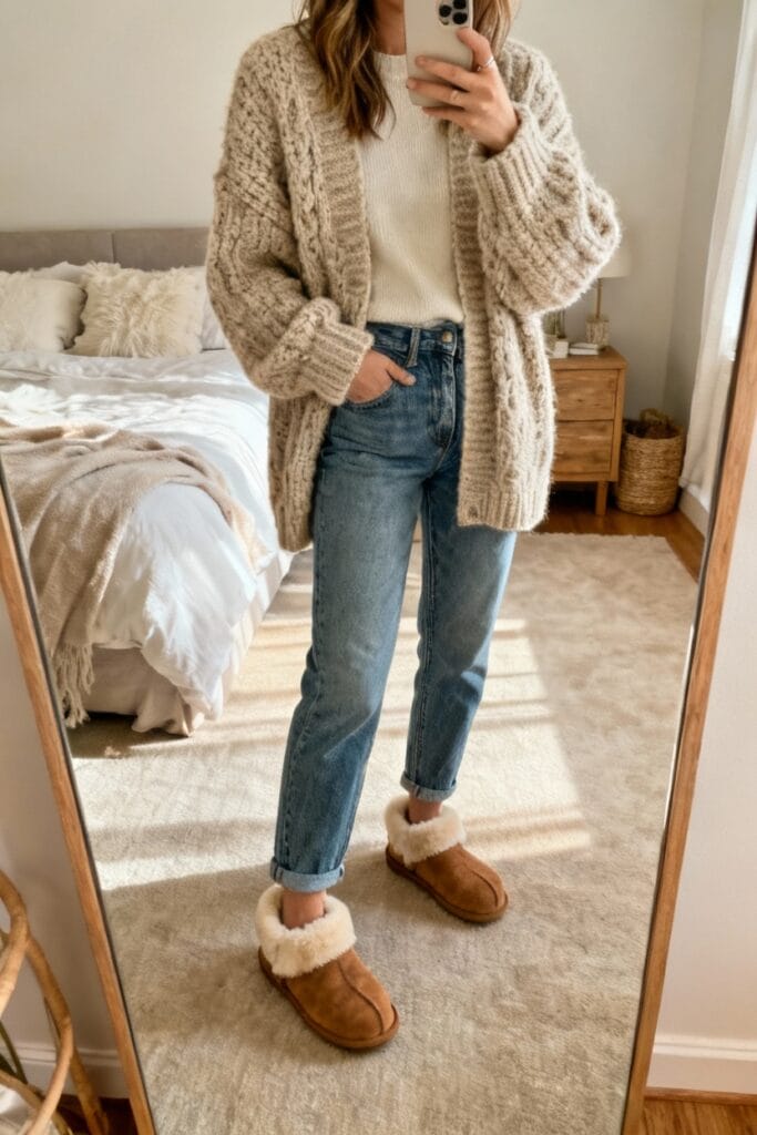 Person taking a mirror selfie wearing a chunky knit cardigan, white top, blue jeans, and brown shearling slippers in a cozy bedroom.