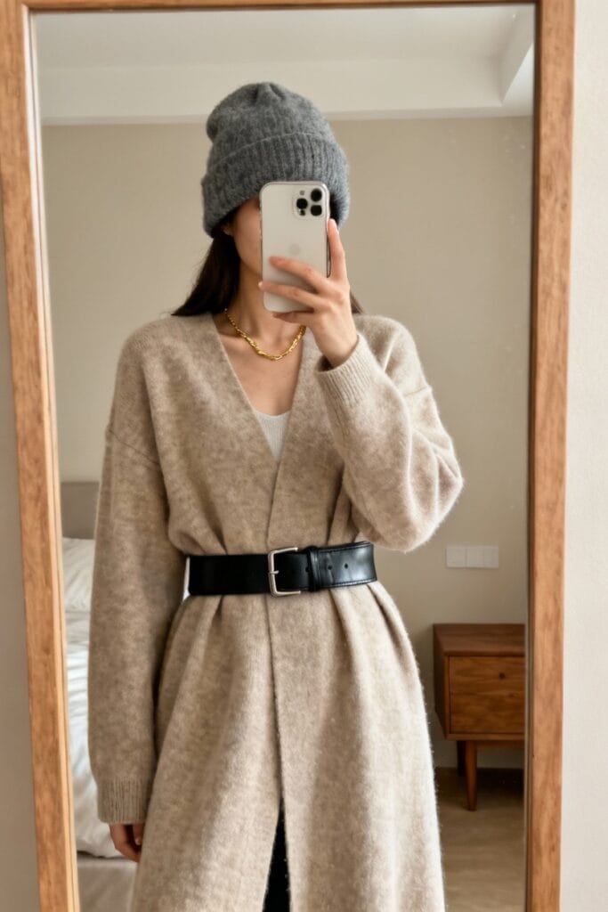 Person wearing a beige cardigan with a black belt, white top, gray knit beanie, and gold necklace, taking a mirror selfie in a bedroom.