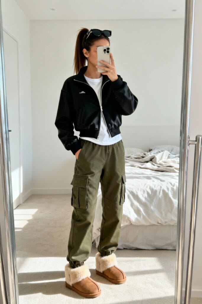 Woman stands in a bedroom taking a mirror selfie, wearing a black jacket, white shirt, green cargo pants, and tan slippers with white fur trim.