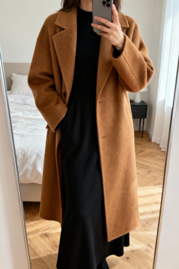Person taking a mirror selfie wearing a long brown coat over a black outfit in a bright bedroom with wooden floors.