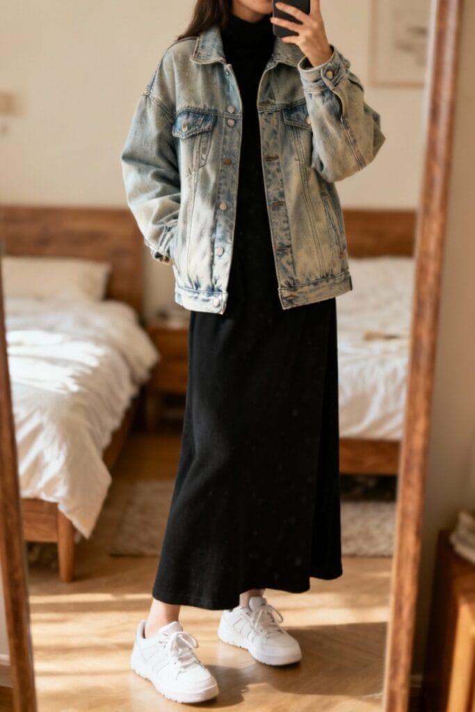 Person taking a mirror selfie wearing a black dress, oversized denim jacket, and white sneakers in a bedroom with wooden furniture.