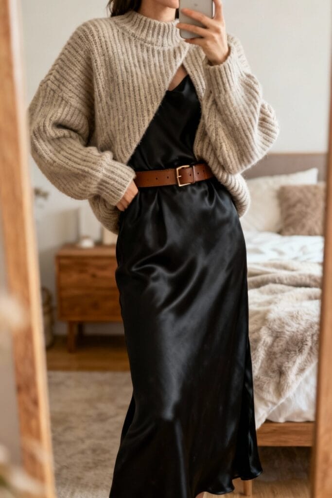Person taking a mirror selfie, wearing a chunky beige knit sweater over a belted black satin dress, standing in a cozy bedroom with neutral decor.