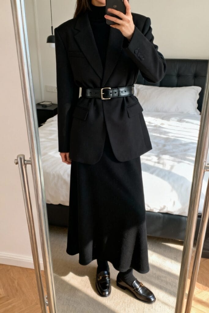 Person wearing a black belted blazer, black turtleneck, long black skirt, black loafers, and black tights stands in front of a bed, taking a mirror selfie.