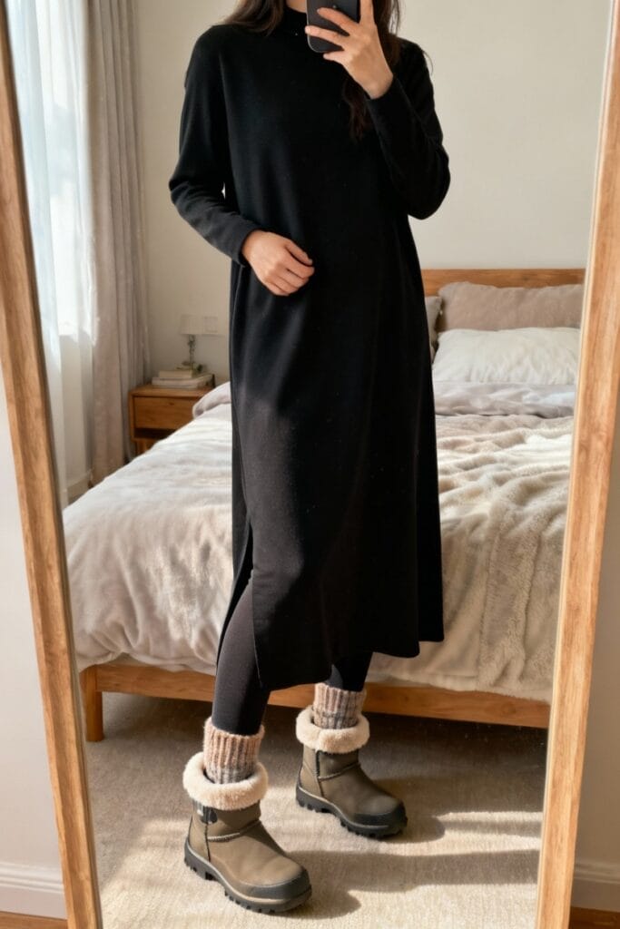 Person wearing a long black dress, black leggings, and fur-lined boots takes a mirror selfie in a bedroom with a made bed and natural light.