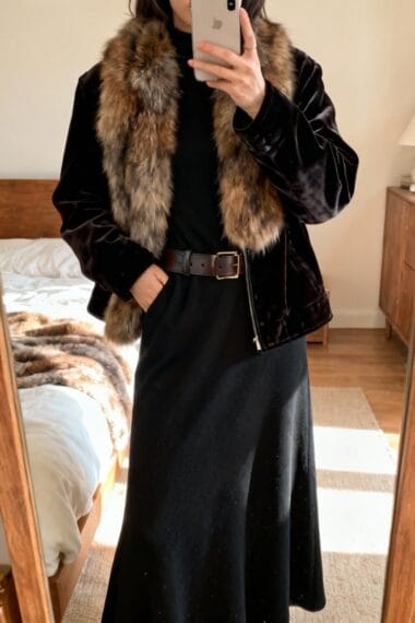 Person taking a mirror selfie, wearing a black dress, brown belt, and a black velvet jacket with a large fur collar in a bedroom.