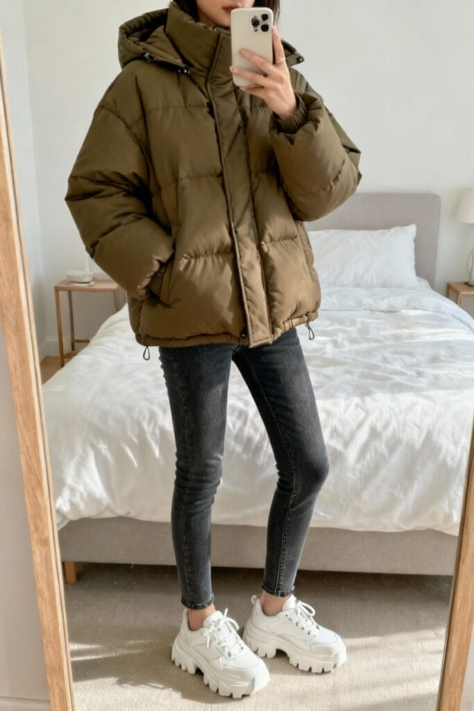 Person in a brown puffer jacket, black skinny jeans, and chunky white sneakers stands in a bedroom taking a mirror selfie.