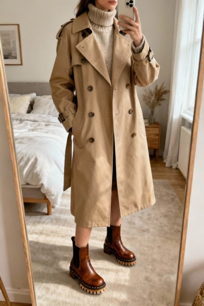 Person wearing a beige trench coat, cream turtleneck sweater, and brown boots stands in a bedroom, taking a mirror selfie.