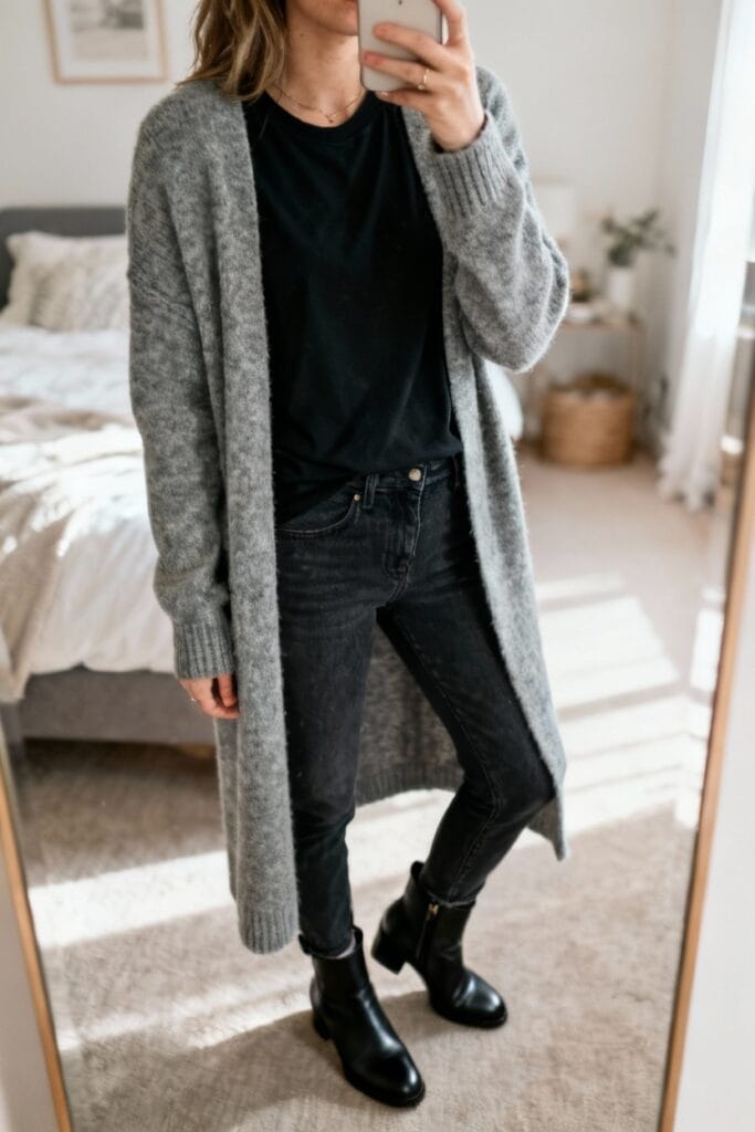 Person taking a mirror selfie in a bedroom, wearing a long gray cardigan, black shirt, black jeans, and black ankle boots.