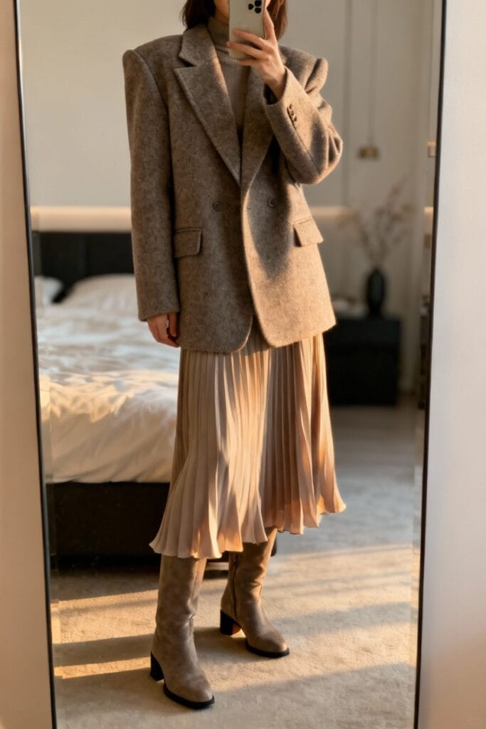 Person taking a mirror selfie wearing a grey oversized blazer, light turtleneck, pleated beige skirt, and tall grey boots in a softly lit bedroom.