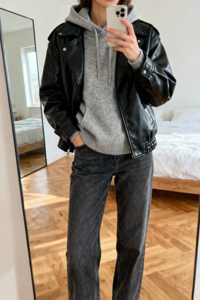 Person wearing a black leather jacket over a gray hoodie and dark jeans, standing in a bedroom with wooden floors, taking a mirror selfie.